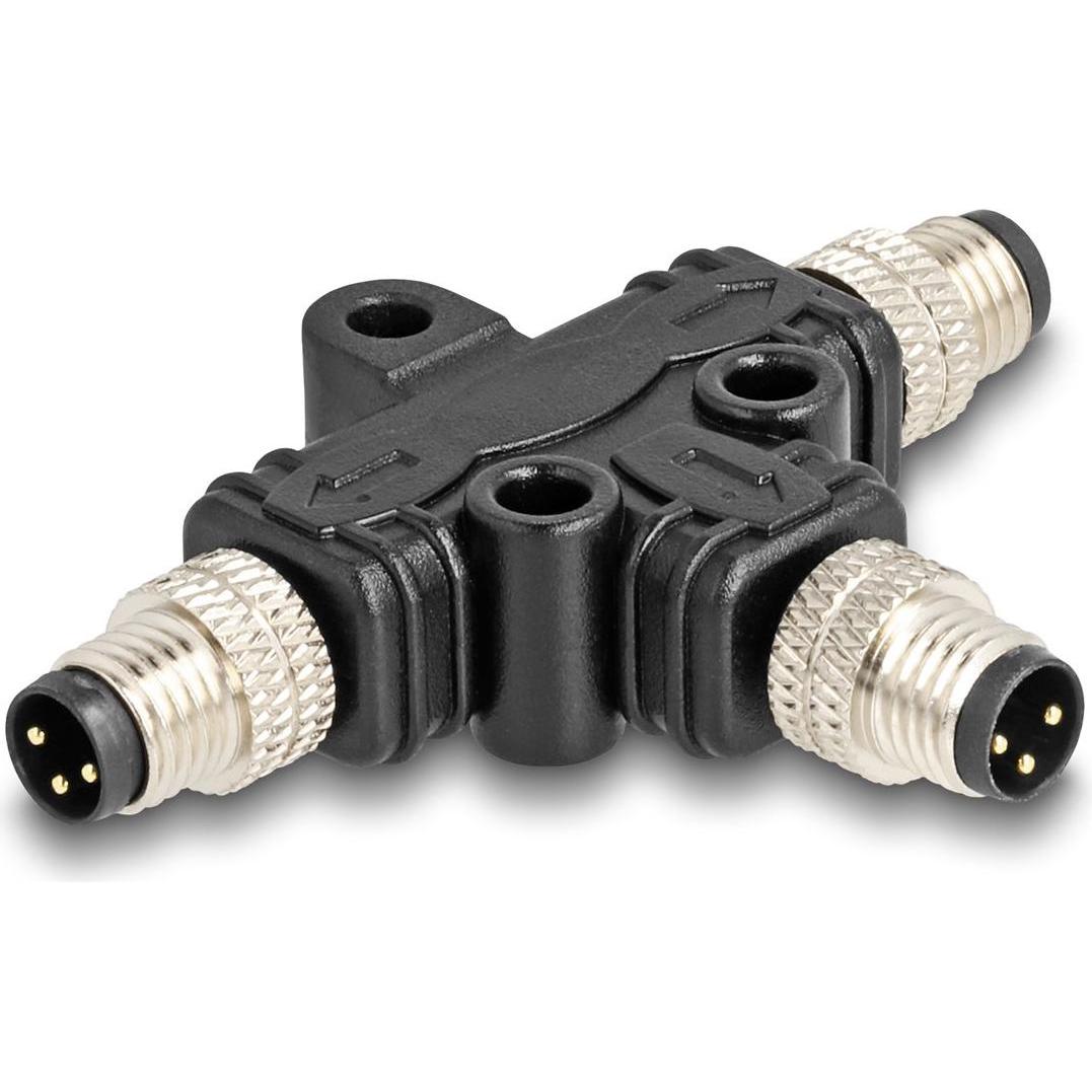 Delock Connettore a T M8 con codice A da 3 pin a 2 x spina in parallelo, Cavo + Spina elettrica, Nero