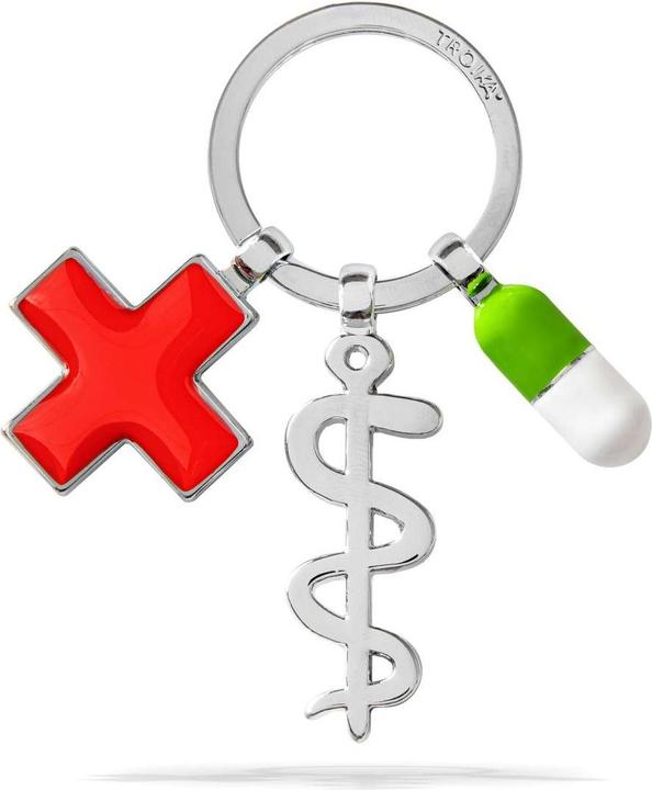 Produktbild Troika GET WELL Schlüsselanhängern mit 3 Anhängern Asklepius, Kreuz, Pille, glänzend grau/mehrfarbig