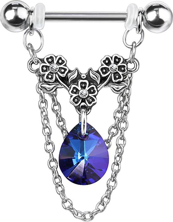 Star Piercing Barbell silber Blumen mit Kristall aqua und Anhänger Kette (Messing, Chirurgenstahl 316L)