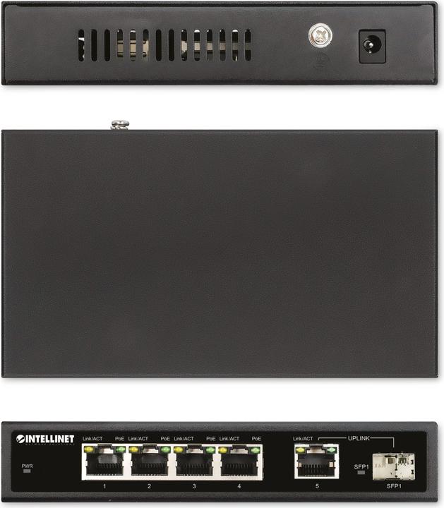 Actual product image Intellinet 5-port Gigabit PoE+ Switch 1SFP91W (5 ports)