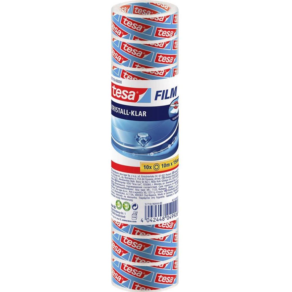tesa, Klebeband, 10x tesafilm KRISTALL-KLAR, hochtransparent, alterungsbeständig, mit starker Haftung (15 mm)