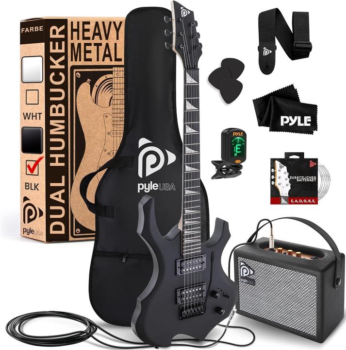 Pyle Set Chitarra Elettrica con Amplificatore (Set di chitarre elettriche, Alloggiamento dell'amplificatore: legno con rivestimento in pelle, Collo: acero canadese, Corpo: legno di Paulownia, Tastiera: legno sintetico ad alta densità)