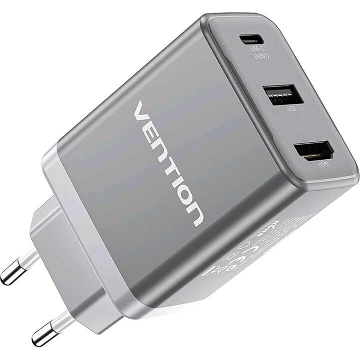 Vention FJAH0-EU USB(C+A)+HDMI GaN mains charger (60W/5W/4K@60Hz) (grey) (60 W), USB Ladegerät, Grau