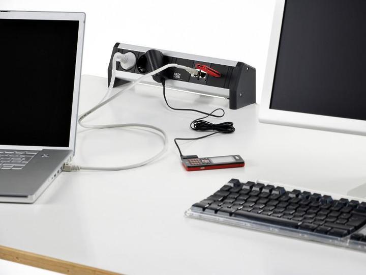 Produktbild Bachmann Tisch-Steckdosenleiste 3 Schutzkontaktsteckdosen schwarz. 2 CAT5e RJ45 Buchse/BuchseStromeingang: GS (3x, CEE 7/3)