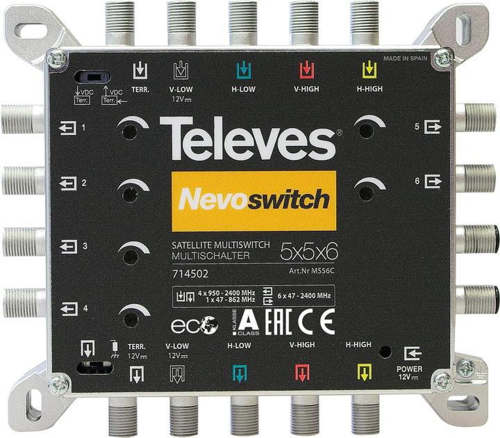 Actual product image Televes Cascadable multiswitch with 5 inputs (1 x terrestrial and 4 xSAT), 6 subscriber outputs, 5 Du (Multi switch)