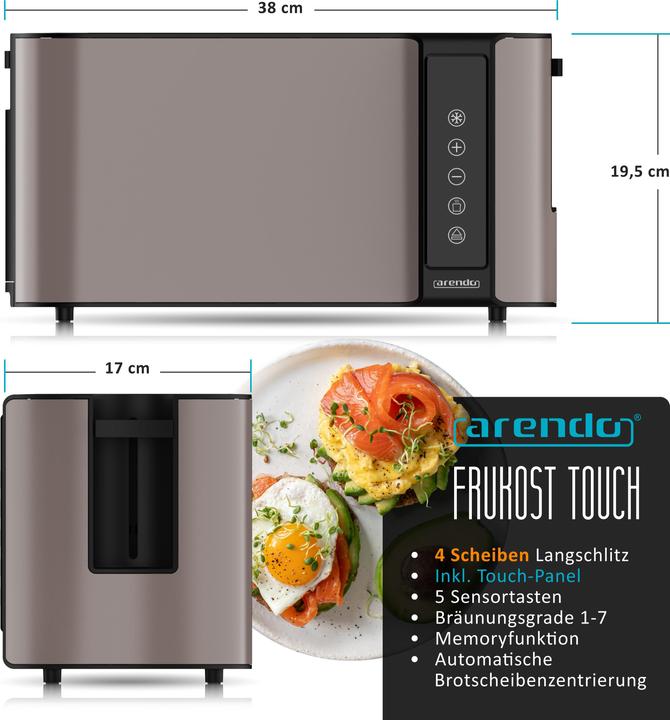Image du produit Arendo Toaster Wärmeisoliertes Doppelwandgehäuse, 2 lange Schlitze, Touch-Display, für 4 Scheiben, 1500 W