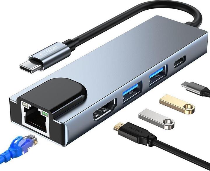 Actual product image Tech-Protect HUB V3 5in1 USB-C - USB-A 3.0 / USB-A 2.0 / USB-C / HDMI / RJ45 - gray (USB-C, 5 Ports)