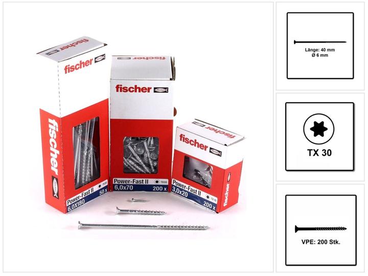 Produktbild Fischer Power-Fast II FPF II Spanplattenschraube 6,0x40 mm 200 Stück ( 670476 ) Senkkopf mit Torx (200 Schrauben pro Stück)