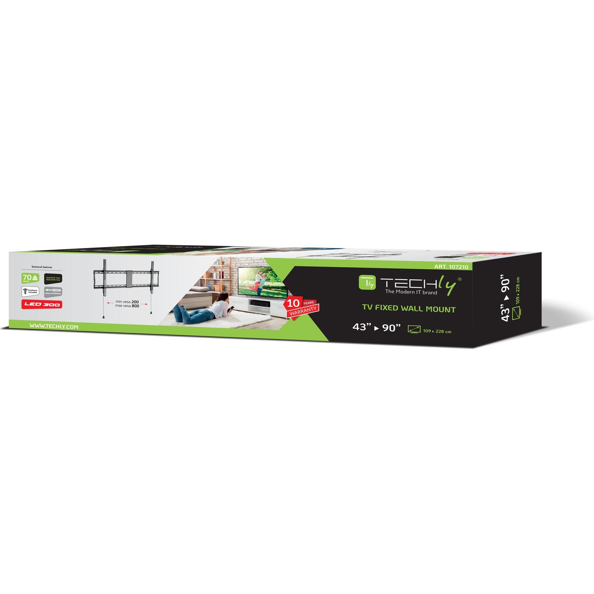 Thumbnail - Techly Wandhalterung für LCD TV LED 43"-90",fix, schwarz (Wand, 90", 70 kg), TV Wandhalterung, Schwarz