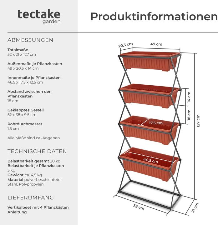 Image du produit tectake Jardinière verticale avec 4 bacs à fleurs