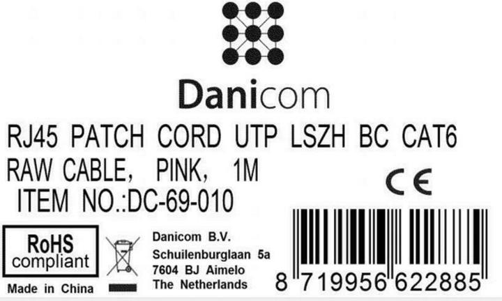 Produktbild Dsit CAT6 Netzwerkkabel, U/UTP, 1 meter, Rosa, 100% Kupfer (U/UTP, CAT6, 1 m)
