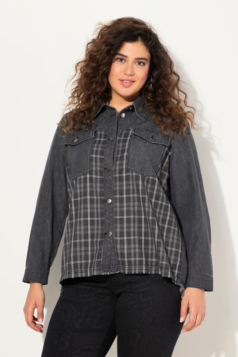 Immagine prodotto Ulla Popken Camicia di jeans con inserto in flanella, collo da camicia, frange e maniche lunghe (54)