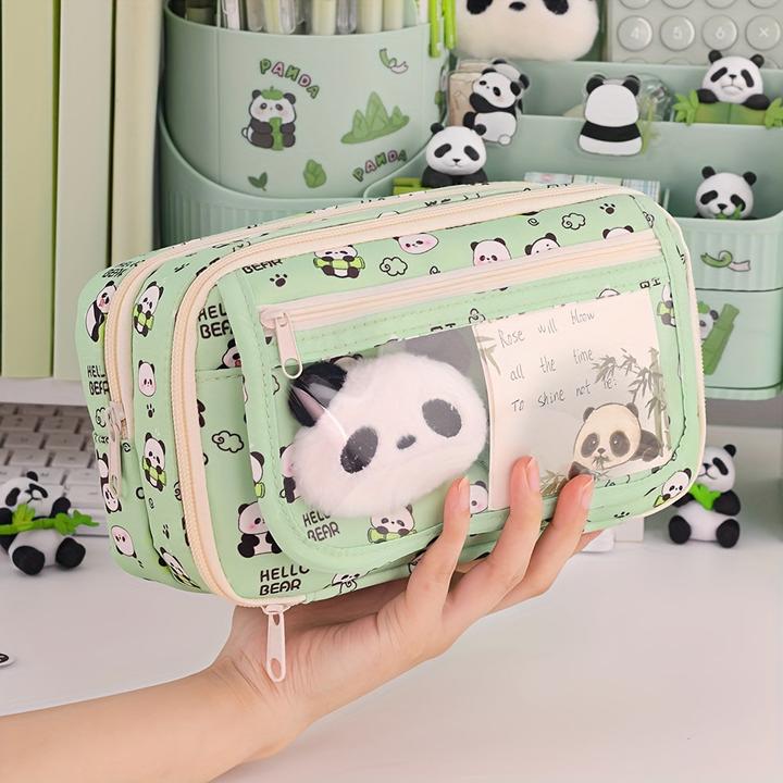 Produktbild Only-Bags.Store Geräumiges Federmäppchen mit Panda-Motiv - strapazierfähiges Oxford-Gewebe, mehrlagiger Organizer