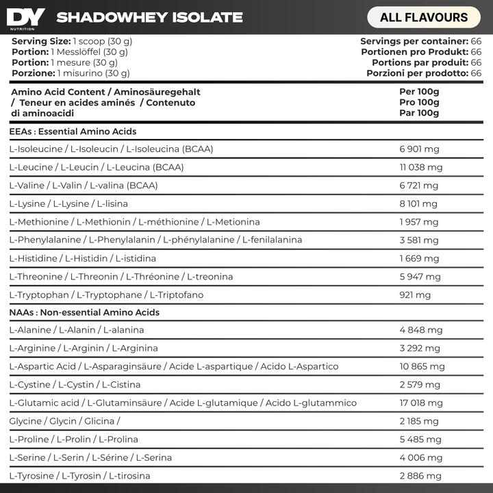 Nährwerte und Zutaten DY Nutrition Shadowhey Isolate (2400 g, 1x)