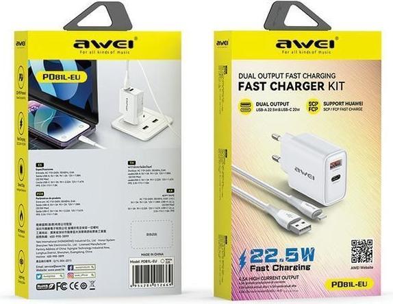 Actual product image Awei ład. siec. PD81L-EU 22.5W + cable USB + Lightning biała/white GaN (22.50 W, 2 ports)