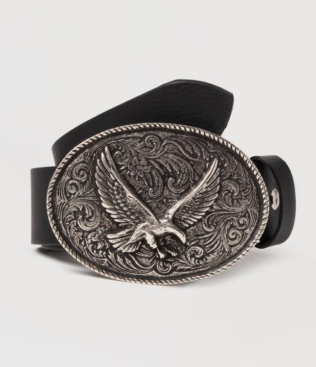 Actual product image JP1880 Leather belt, real leather, eagle-shaped buckle, width approx. 1½"
