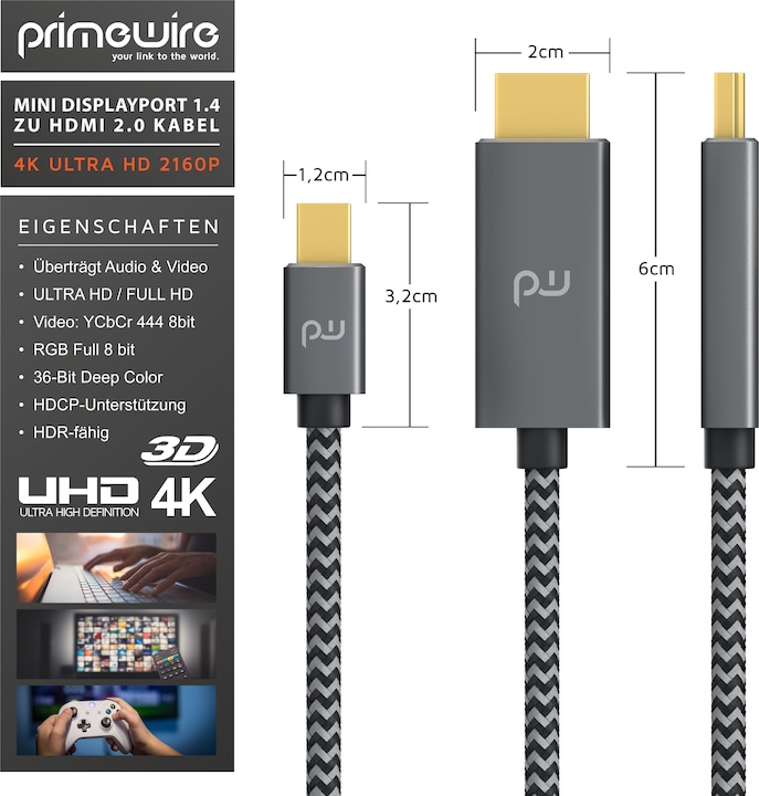 Produktbild Primewire Mini DisplayPort auf HDMI Typ A Kabel, 4k mDP 1.4 zu HDMI 2.0 Adapter, 4k@60Hz, Thunderbolt 1-2 (1 m, HDMI, Andere)