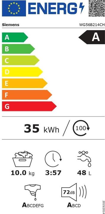 Etichetta energetica Siemens WG56B214CH (10 kg, A sinistra, Versione CH)
