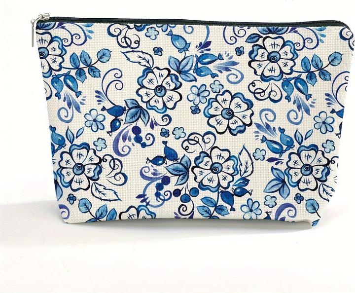 Actual product image Only-Bags.Store Chic Blau & Weiss Porzellan Floral Kosmetiktasche für Frauen - wasserdicht, grosse Kapazität