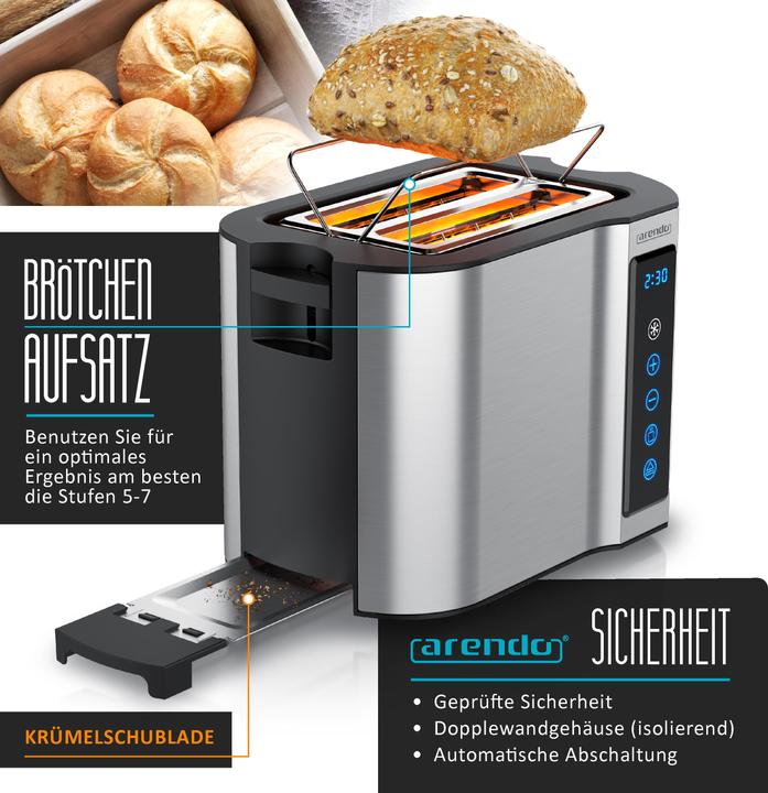 Actual product image Arendo Toaster stainless steel 2 slices short slot, bread roll attachment, touch panel, display with