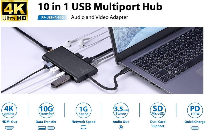 Produktbild Renkforce RF-USBHA-500 10 Port USB 3.2 Gen 2-Hub mit zusätzlichem USB-C®-Eingang (USB-C, 10 Ports)