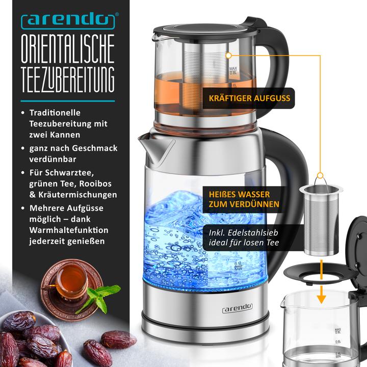 Produktbild Arendo Wasserkocher mit Temperatureinstellung aus Glas & Edelstahl, Teesieb, Teekocher, 1,7 L, 2200 W (1.70 l)