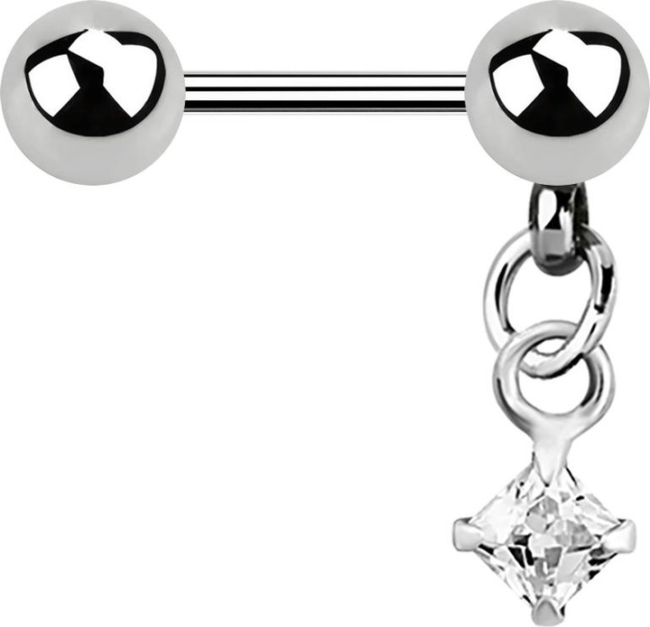 Produktbild Star Piercing Micro Barbell silber mit Kugel und Anhänger Quadrat Kristall silber (ohne Messing, Chirurgenstahl 316L)