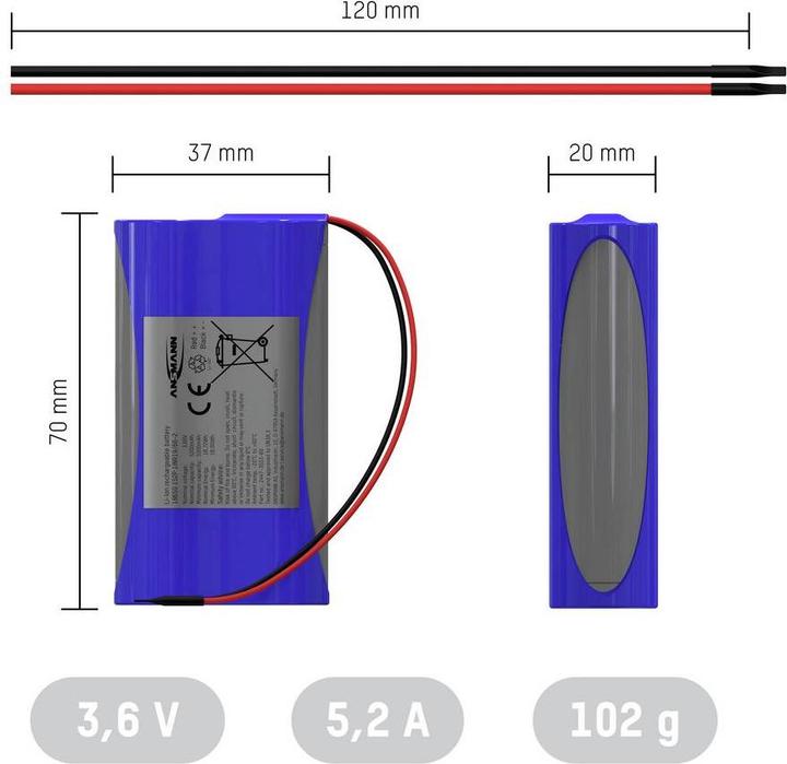 Actual product image Ansmann 1S2P Akkupack 2x 18650 Kabel Li-Ion 3.6V 5200mAh Akkupack 2x Li-Ion 3. (1 pcs., 18650, 5200 mAh)