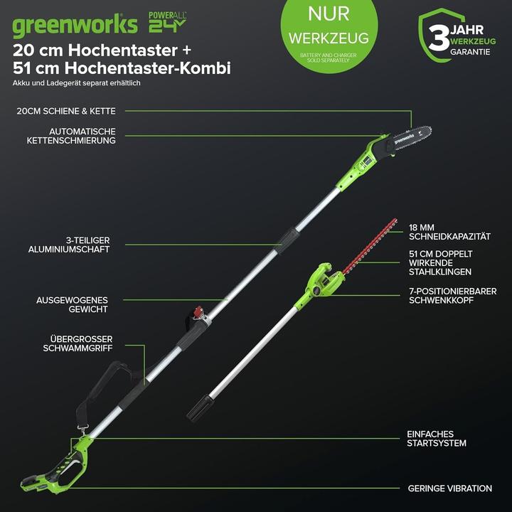 Image du produit Greenworks G24PSH Kit de coupe et de taille de haies 24V (outil uniquement) (Fonctionnement sur batterie)