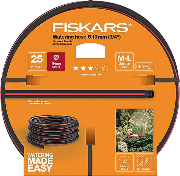 Produktbild Fiskars Wasserschlauch M-L, Universalgrösse, UV-geschützt, Druckgeprüft, Verwindungssteifigkeit Stufe (25 m, 19 mm)