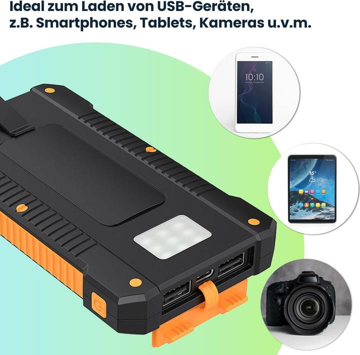 Ideoon Solar-Powerbank, 8.000 mAh, IP65, 2x USB-A, Typ-C-Input, LED-Leuchte (8000 mAh)