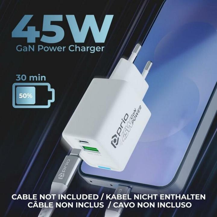 Image du produit prio Chargeur mural GaN Power 45W PD PPS (USB C) + QC 3.0 (USB A) blanc (45 W, 1 portion)