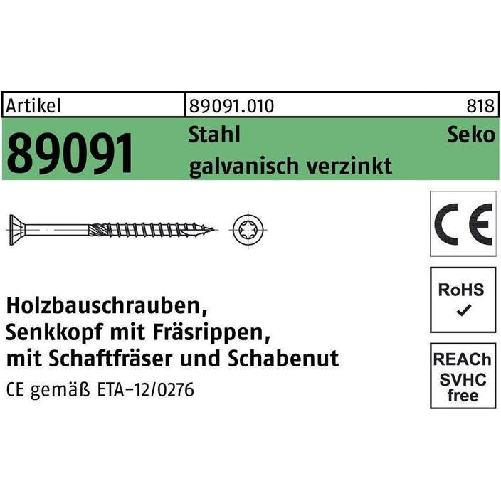 Schrauben, Holzbauschraube R 89091 SEKO Innensechsrund 10 x 320 -T40 Stahl galvanisch verzinkt (25 Schrauben pro Stück)