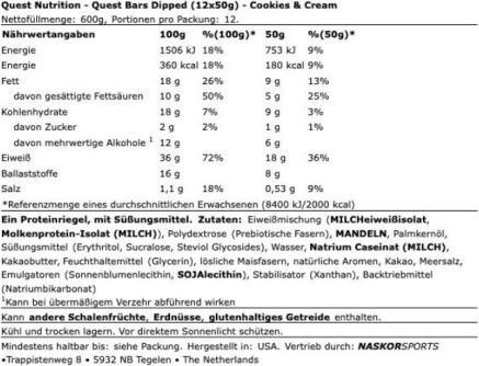 Nutritional values and ingredients Quest Bar Dipped (12 pcs., 720 g)