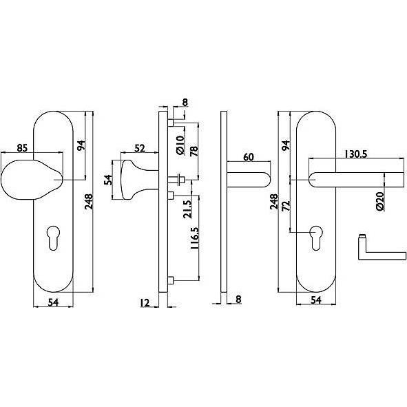 Thumbnail - Universal Textiles, Türgriff + Fenstergriff, Edelstahl Schutzbeschlag rund 72mm, ES1, WG G-Form (Türgarnitur)