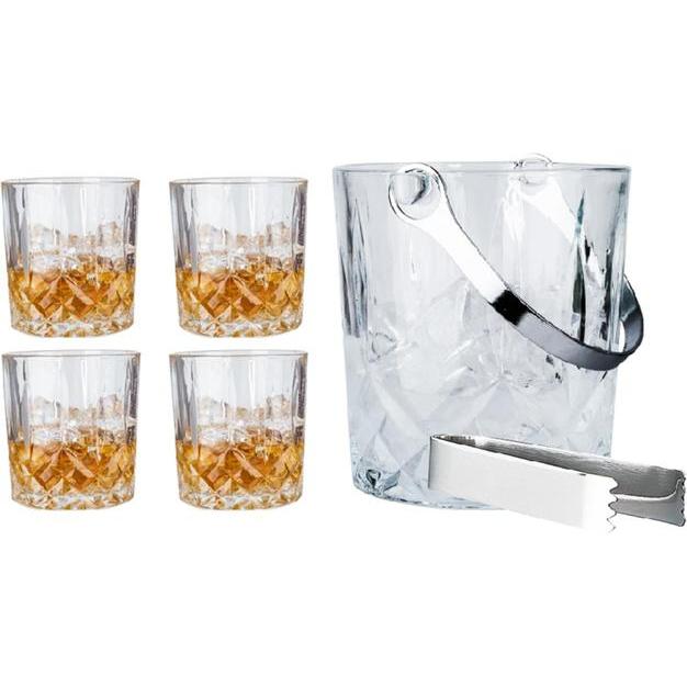 Lumarko Whiskey Set Glas Mit 4 Gläsern, Eiskübel + Eisbar, Bicchieri da cocktail, Trasparente