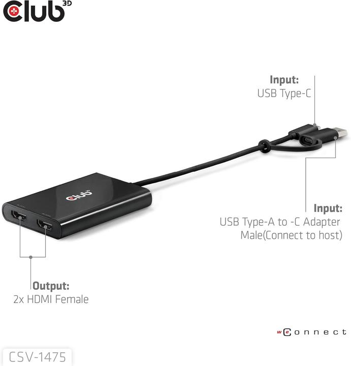 Actual product image Club 3D Club3D Adapter USB-C (USB A Adapter) > 2x HDMI 4K@60Hz St/Bu retail (HDMI, 18.50 cm)