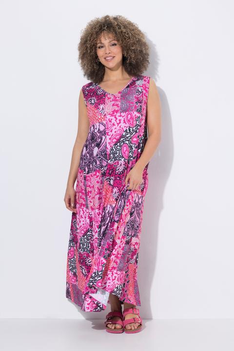Produktbild Ulla Popken Maxikleid, Patchmuster, A-Linie, V-Ausschnitt, ärmellos (58, 60)