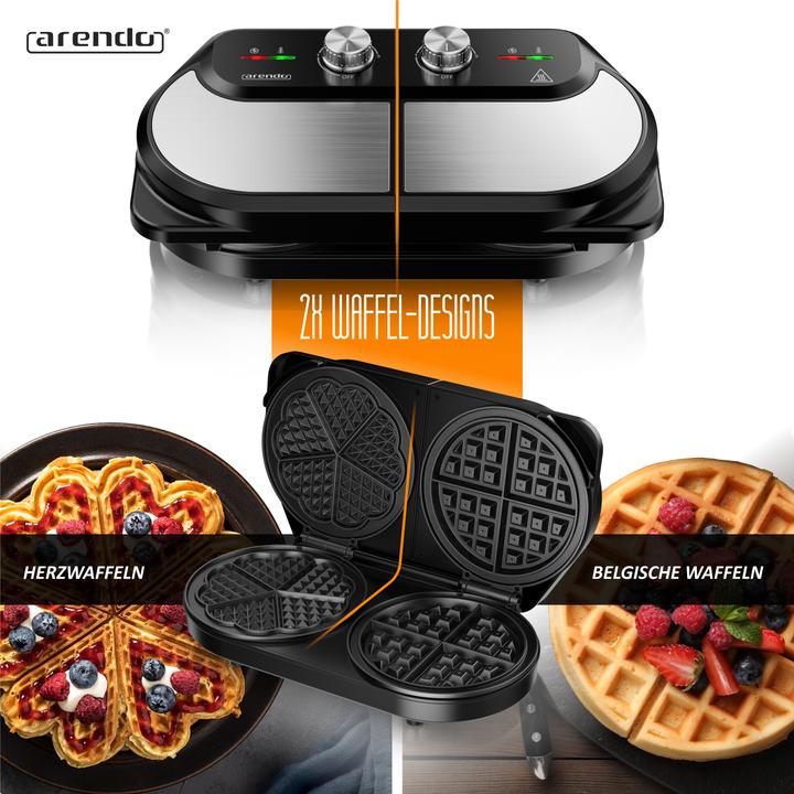 Produktbild Arendo Waffeleisen mit 2x Waffelplatten, 1400 W, Temperaturregler, Antihaftbeschichtet, Edelstahl, BPA frei