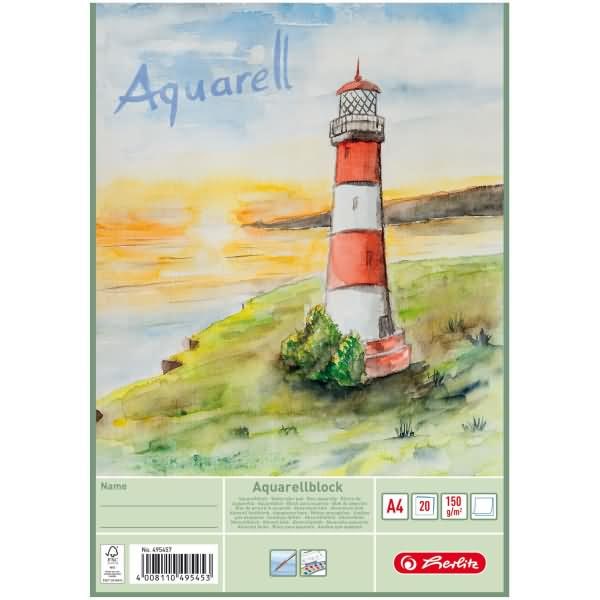Produktbild Herlitz Aquarell-Block, 210 x 298 mm, Inhalt: 20 Blatt 150 g-qm, weiss, rauh, Studienqualität (A4, Blanko, Harter Einband)