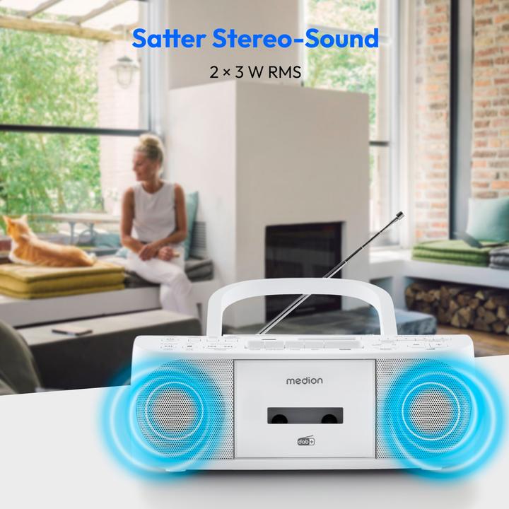 Actual product image Medion LIFE DRX-1 Plus Boombox weiss Radiorekorder mit CD-Spieler und Kassettendeck (DAB+, FM, PLL, Bluetooth)
