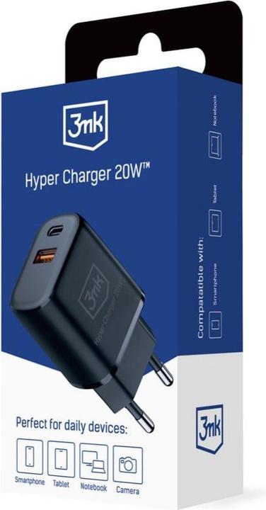 Actual product image 3MK HyperCharger 20W 1xUSB-C + 1xUSB-A ładowarka sieciowa PD/QC czarna/black (20 W, 2 ports)