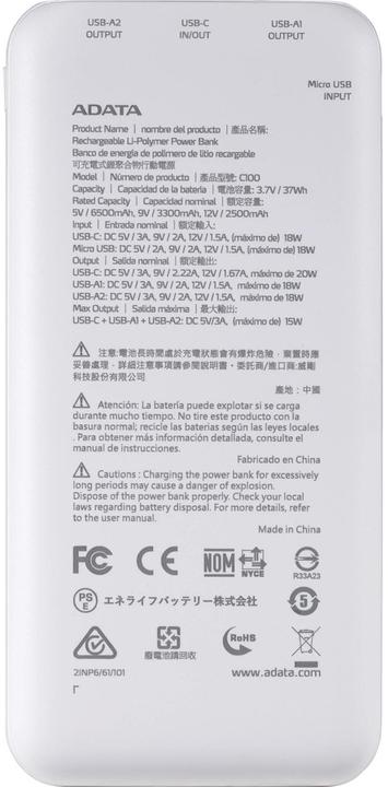 Actual product image Adata POWER BANK USB 10000MAH WHITE/PC100-14WH (10000 mAh, 20 W, 37 Wh)