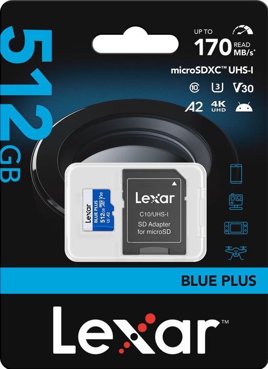 Image du produit Lexar Blue Plus MicroSD Card 512GB (512 Go, microSDXC, U3, UHS-I)