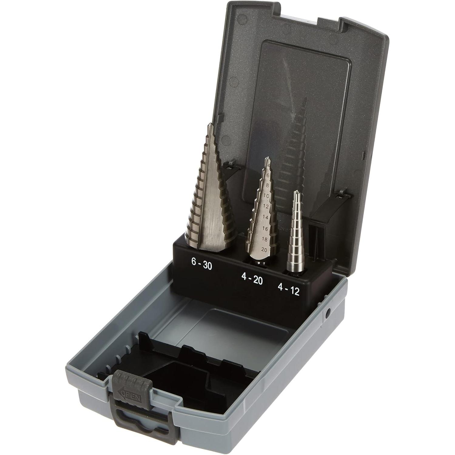 Krino, Punta da trapano, 01259102 Stair Drill HSS for Steel and Metals Set of 3 (4 mm, 20 mm, 30 mm, 12 mm)