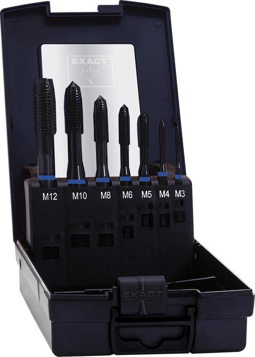 7x Maschinengewindebohrer ( M3 / M4 / M5 / M6 / M8 / M10 / M12 ) 1x Gewindehandbuch 1x Kunststoffkassette