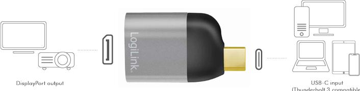 Produktbild LogiLink USB 3.2 Gen2 Type-C-Adapter, USB-C/M zu DP/F, 8K, Alu, schwarz/grau (4 cm)