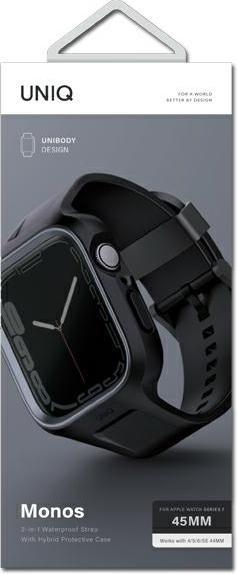 Produktbild Uniq pasek Monos 2in1 Apple Watch Strap + Case Series 4/5/6/7/8/SE/SE2 44/45mm. czarny/midnight blac (Kunststoff, PC, TPU)