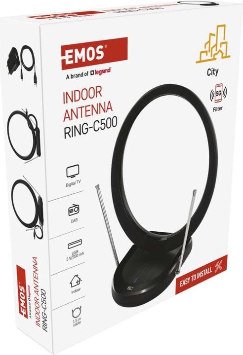 Produktbild Emos Zimmerantenne CITY RING–C500, DVB-T2, DAB, LTE/4G/5G Filter (Zimmerantenne, DVB-T / -T2)