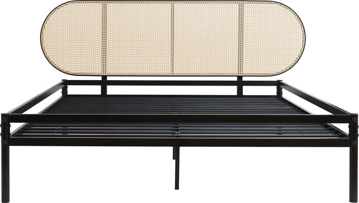 Actual product image En.Casa Metallbett Linköping mit ovalem Kopfteil 160x200 cm Schwarz/Rattanoptik (160 x 200 cm)